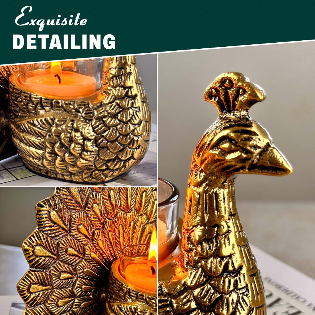 Product image of the Peacock Candle Holder with Antique Brass Finish from Indian Impressions, showcasing a stunning peacock design with intricate detailing and a vintage-inspired finish. Ideal for holding candles, this piece is perfect for Vastu, home décor, festive occasions, or gifting, adding elegance and positive energy to any space.