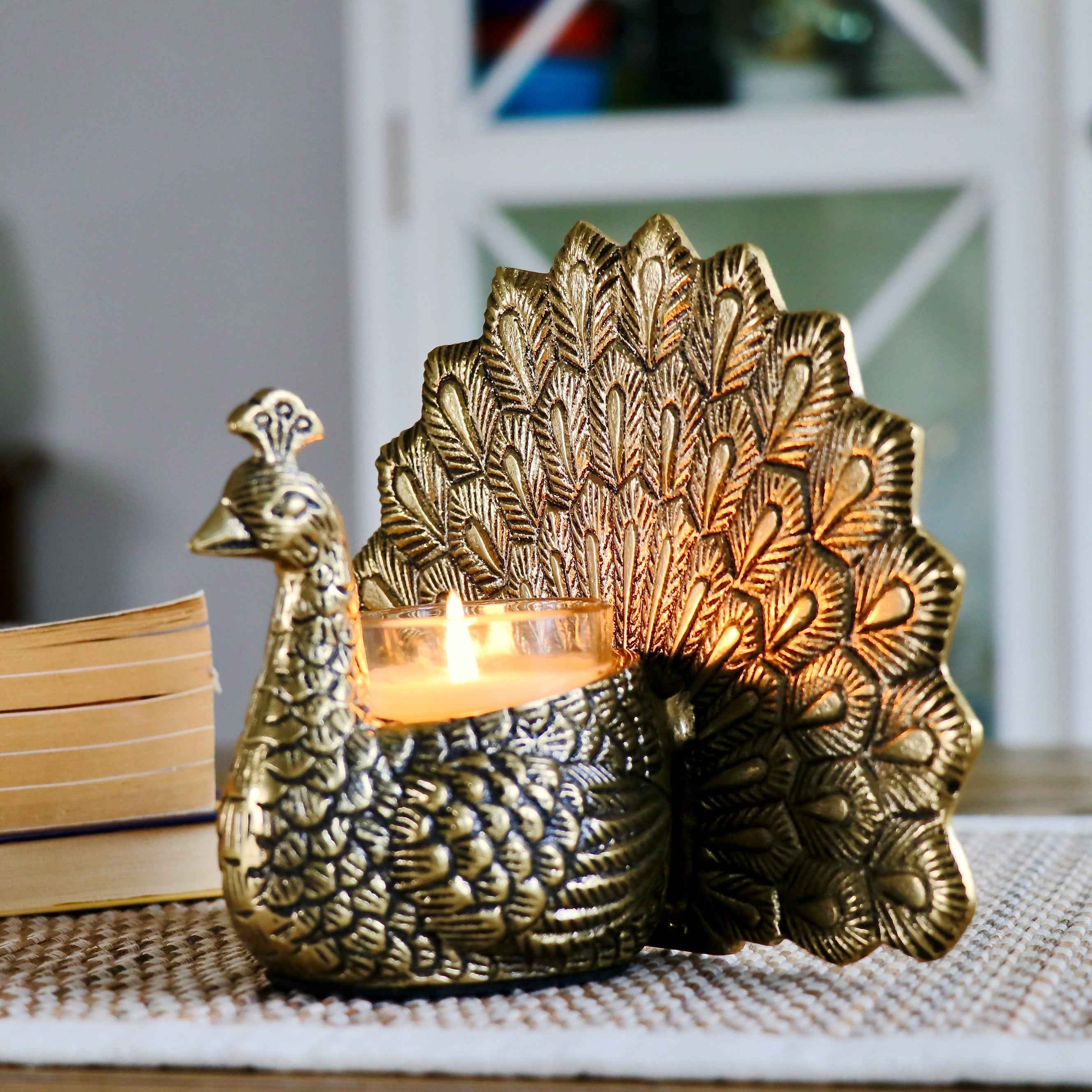 Peacock Candle Holder, Antique Brass Finish