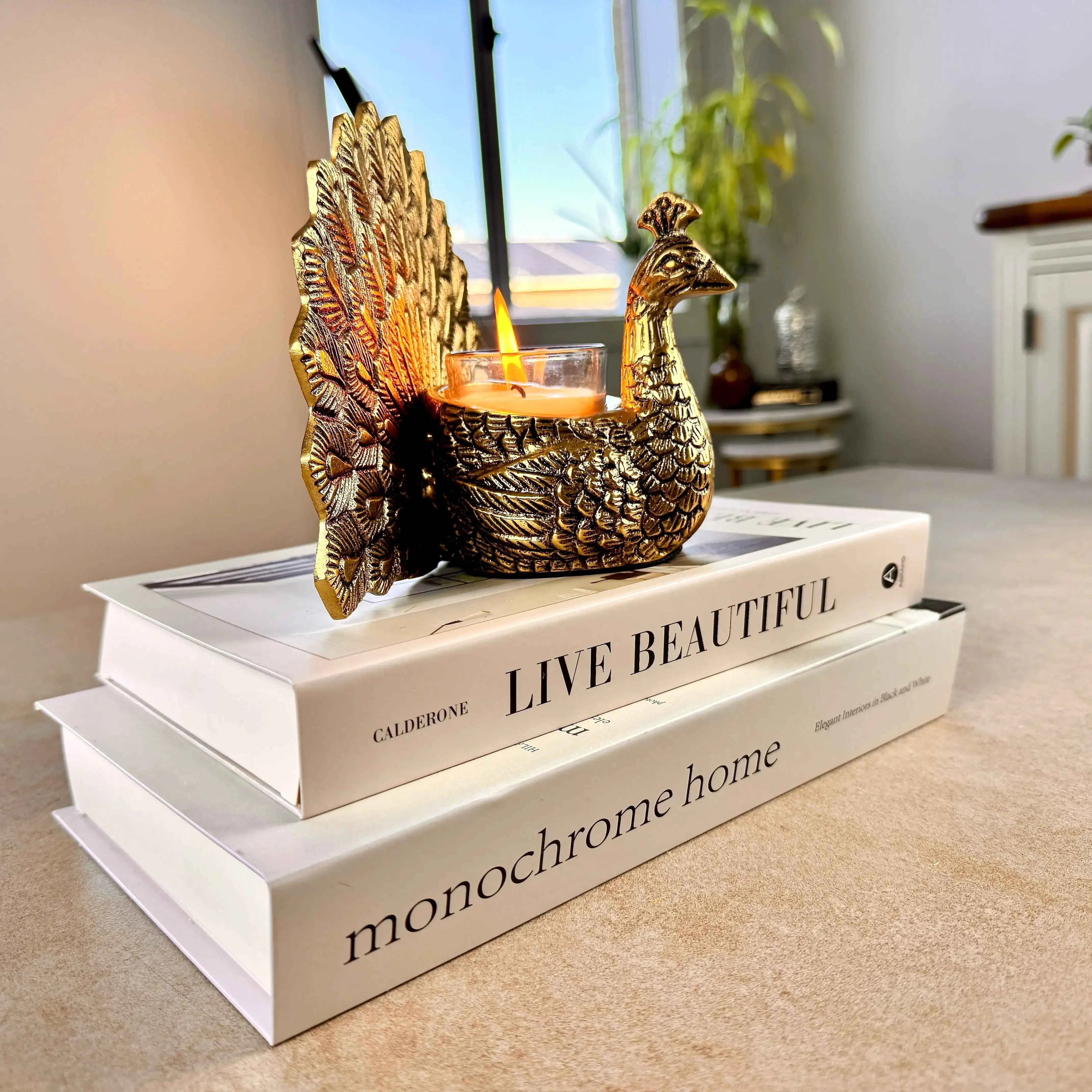 Peacock Candle Holder, Antique Brass Finish