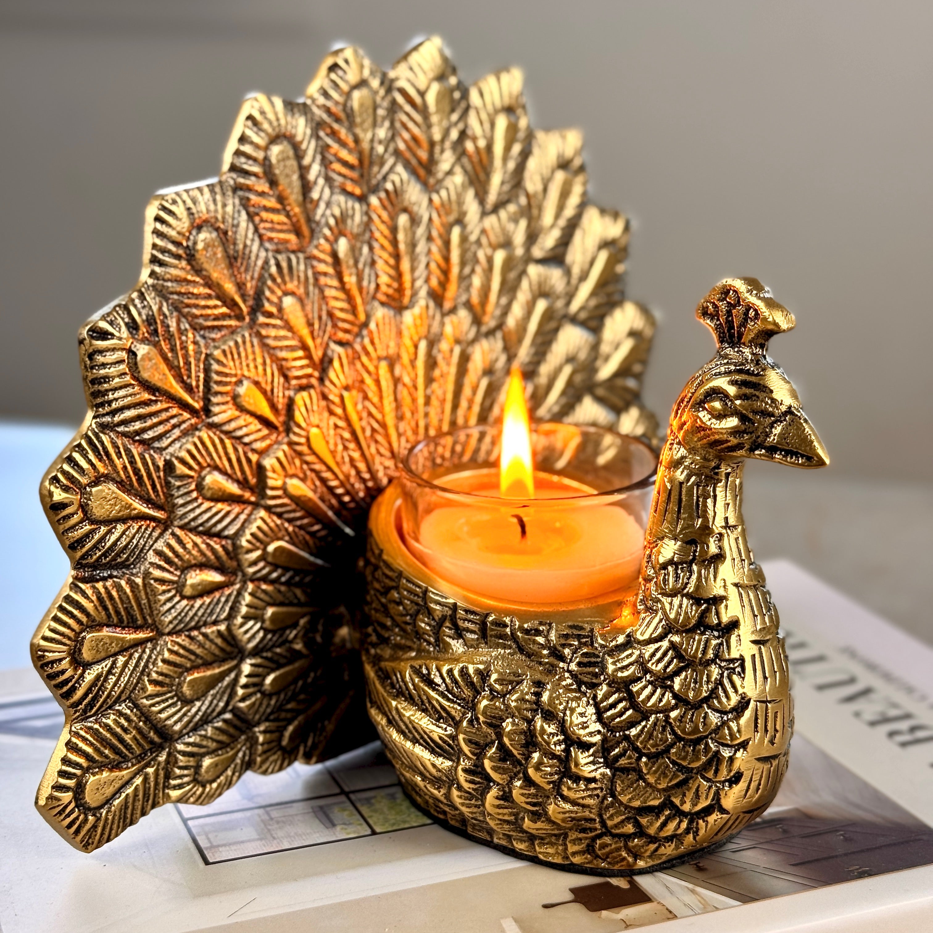 Peacock Candle Holder, Antique Brass Finish