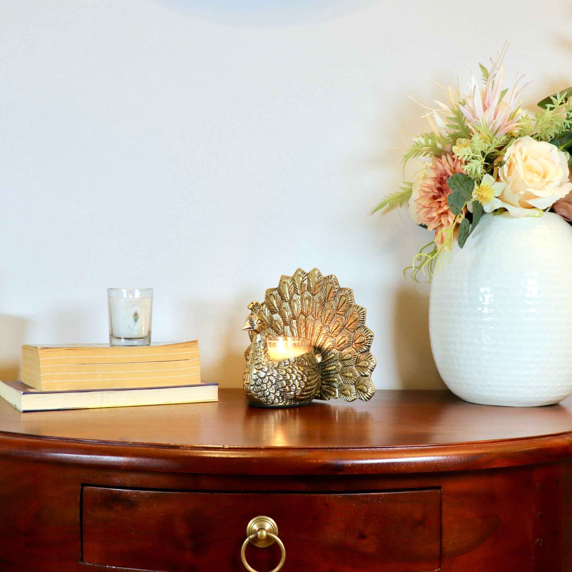 Peacock Candle Holder, Antique Brass Finish