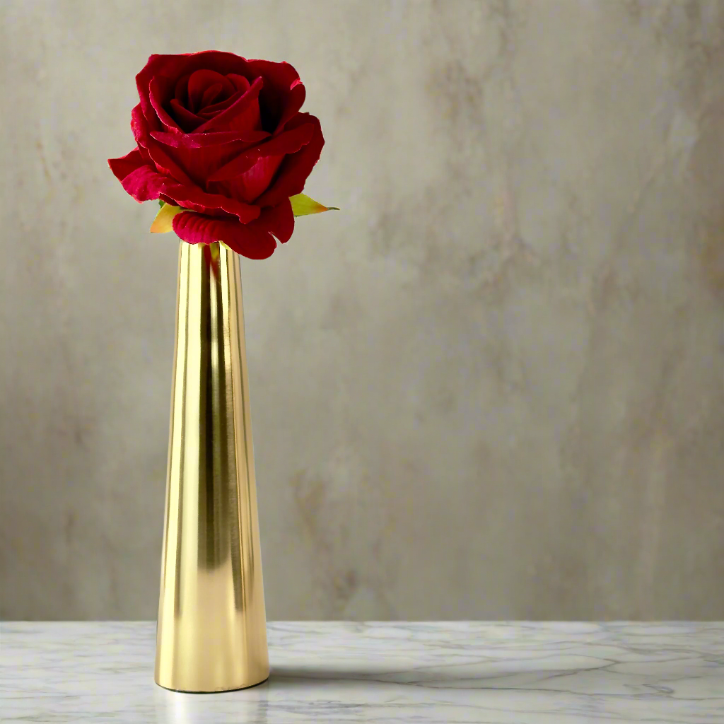 Product image of a Gold Slim Cone Vase Set of 2 from Indian Impressions, featuring sleek, modern designs with a polished gold finish. These vases are ideal for displaying flowers or as standalone decorative pieces. Perfect for enhancing Vastu energy, home décor, or gifting, adding elegance and sophistication to any space.