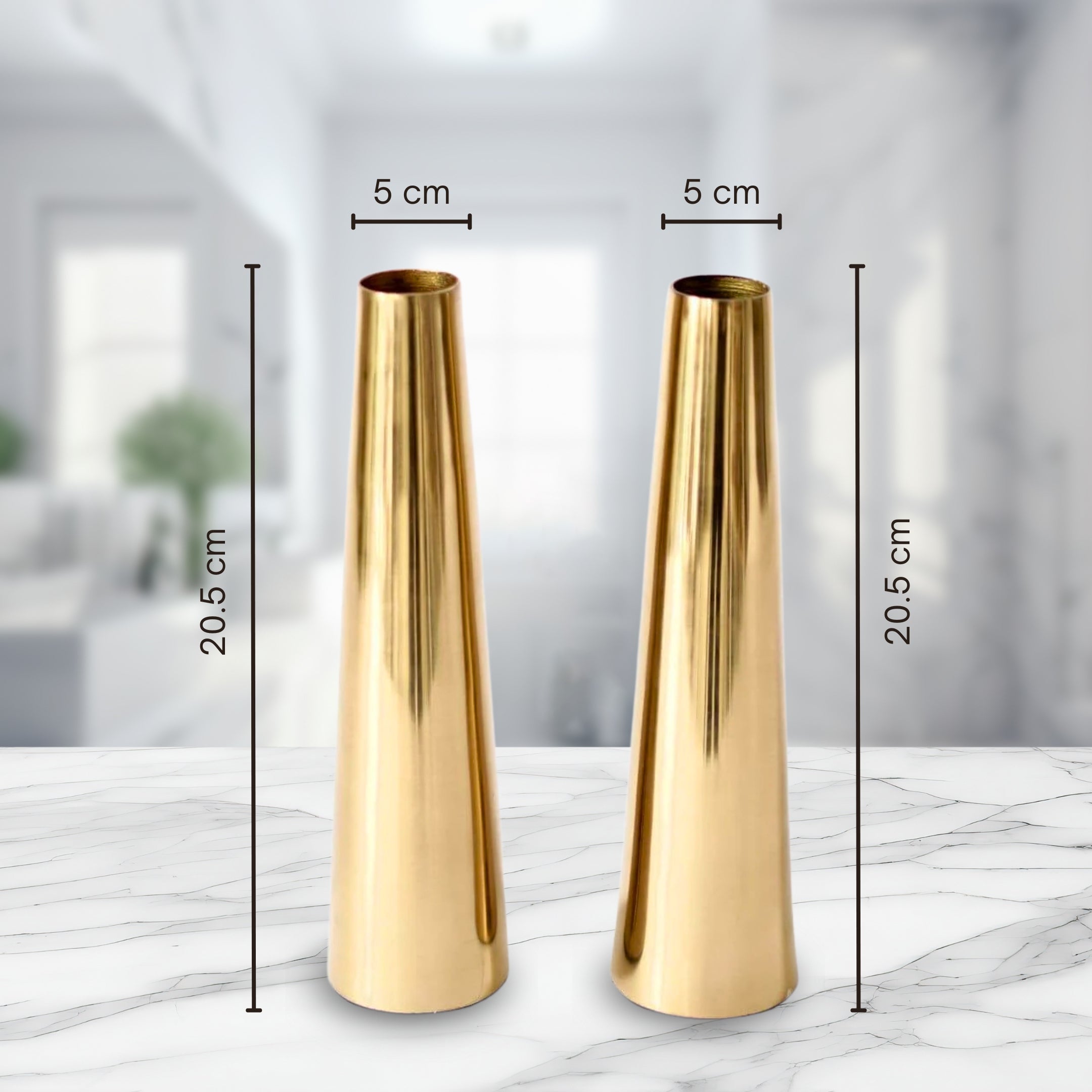 Product image of a Gold Slim Cone Vase Set of 2 from Indian Impressions, featuring sleek, modern designs with a polished gold finish. These vases are ideal for displaying flowers or as standalone decorative pieces. Perfect for enhancing Vastu energy, home décor, or gifting, adding elegance and sophistication to any space.