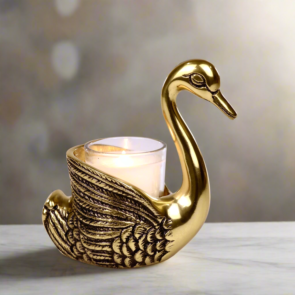 Swan Figurine Candle Holder Pair, Gold