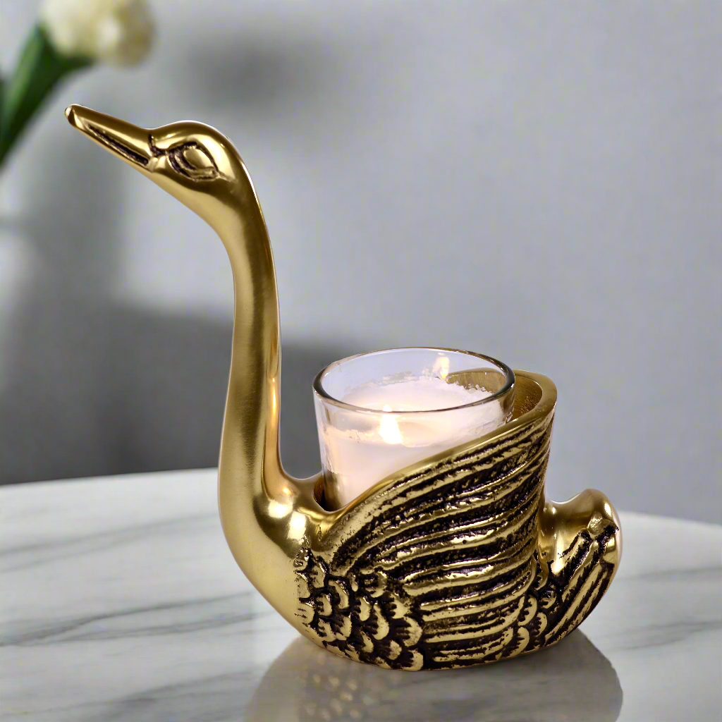 Swan Figurine Candle Holder Pair, Gold