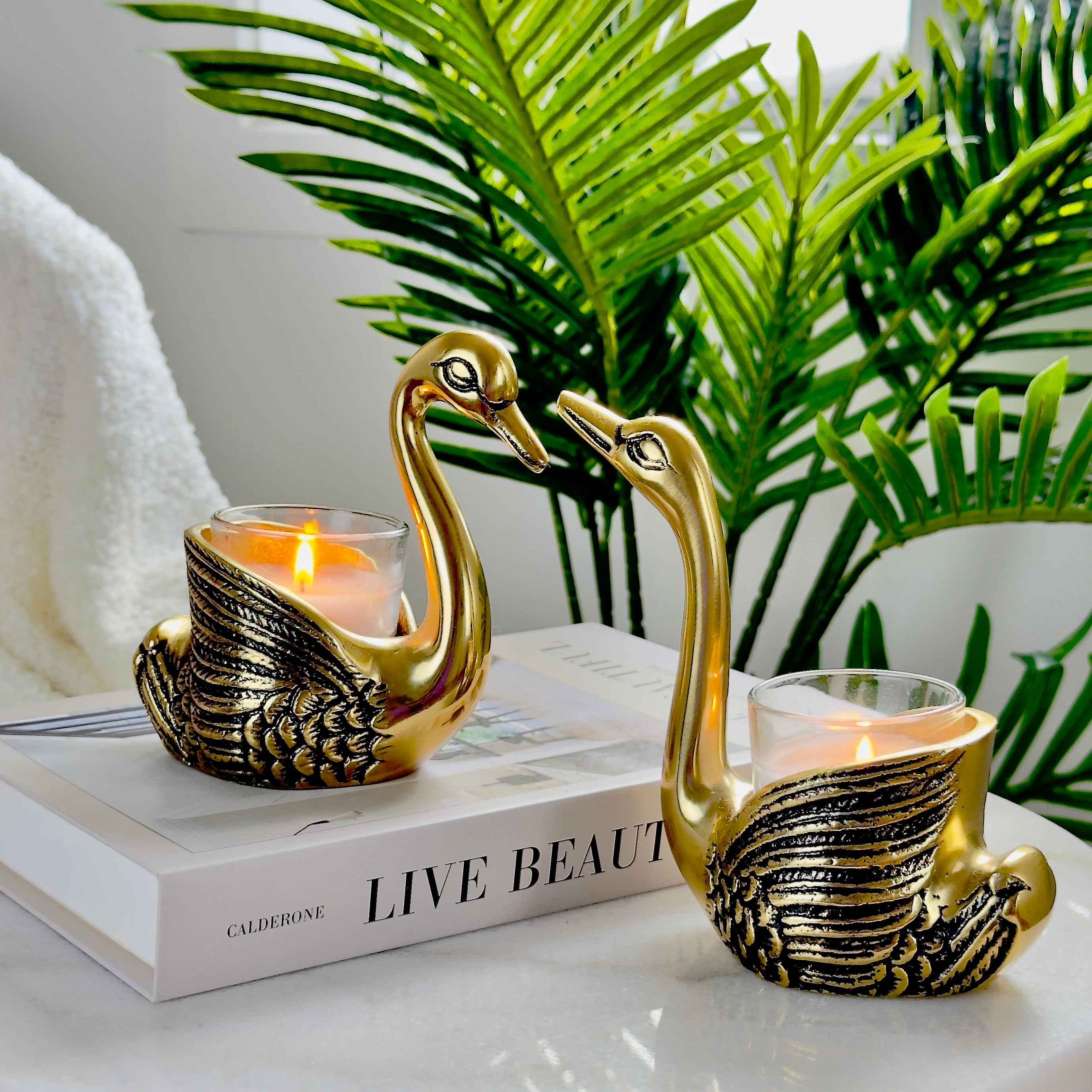 Swan Figurine Candle Holder Pair, Gold