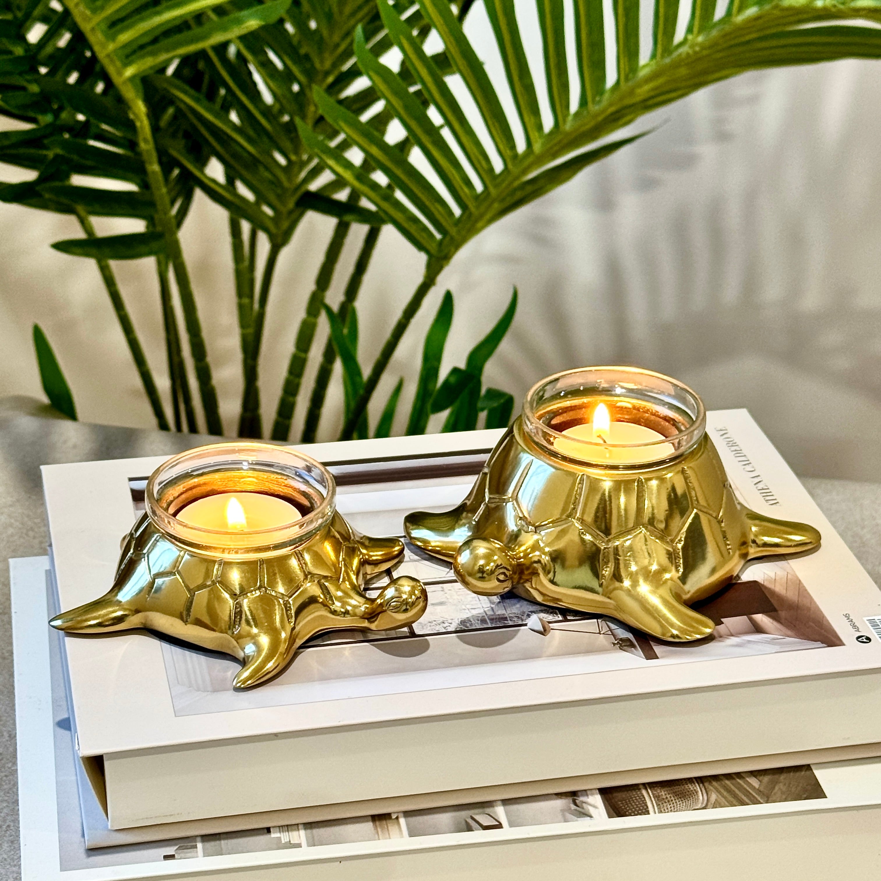 Product image of the Turtle Candle Holder Pair in Gold from Indian Impressions, featuring two beautifully crafted turtle-shaped candle holders with a polished gold finish. Ideal for holding candles, this pair symbolizes stability and longevity. Perfect for Vastu, home décor, or gifting, adding elegance and positive energy to any space.