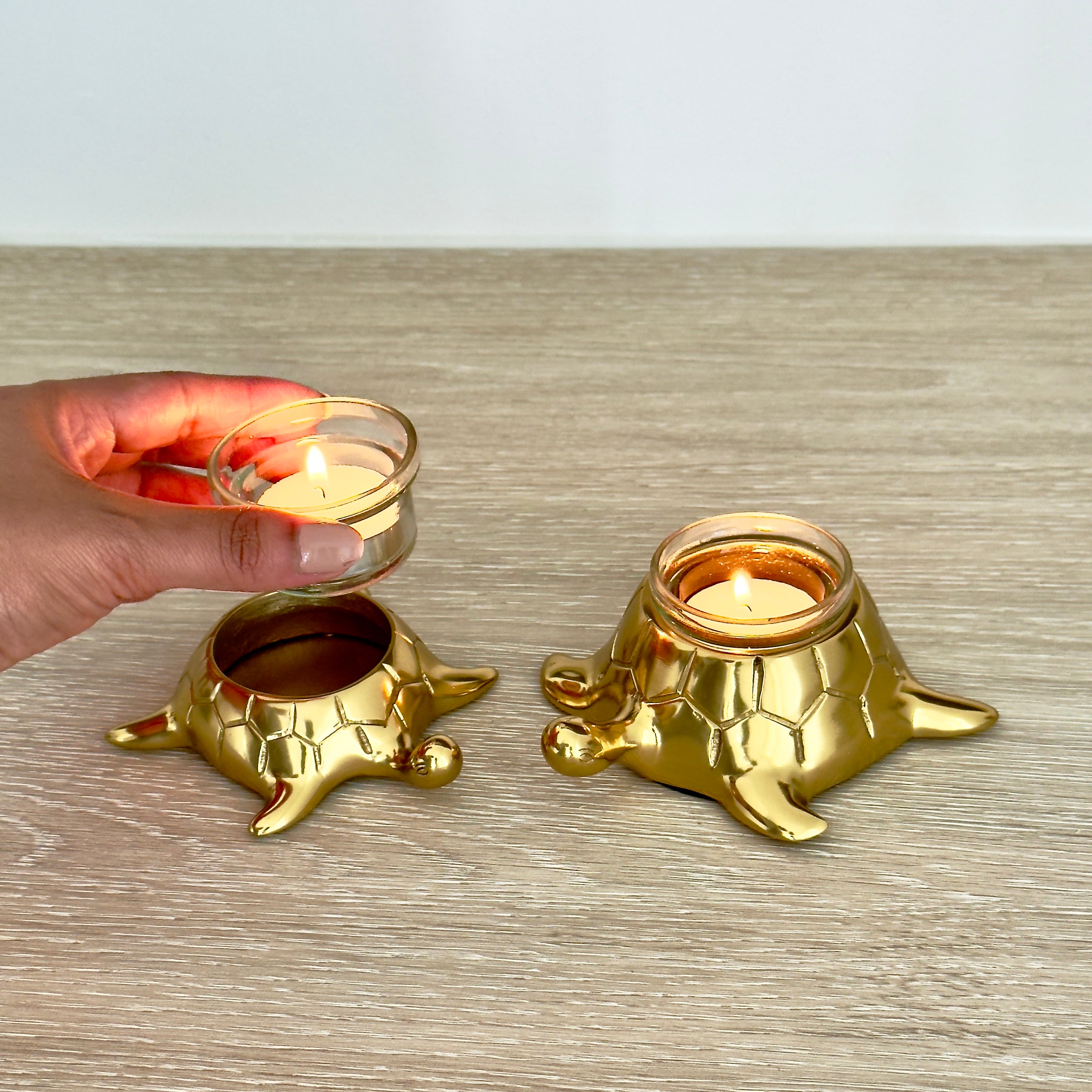 Product image of the Turtle Candle Holder Pair in Gold from Indian Impressions, featuring two beautifully crafted turtle-shaped candle holders with a polished gold finish. Ideal for holding candles, this pair symbolizes stability and longevity. Perfect for Vastu, home décor, or gifting, adding elegance and positive energy to any space.