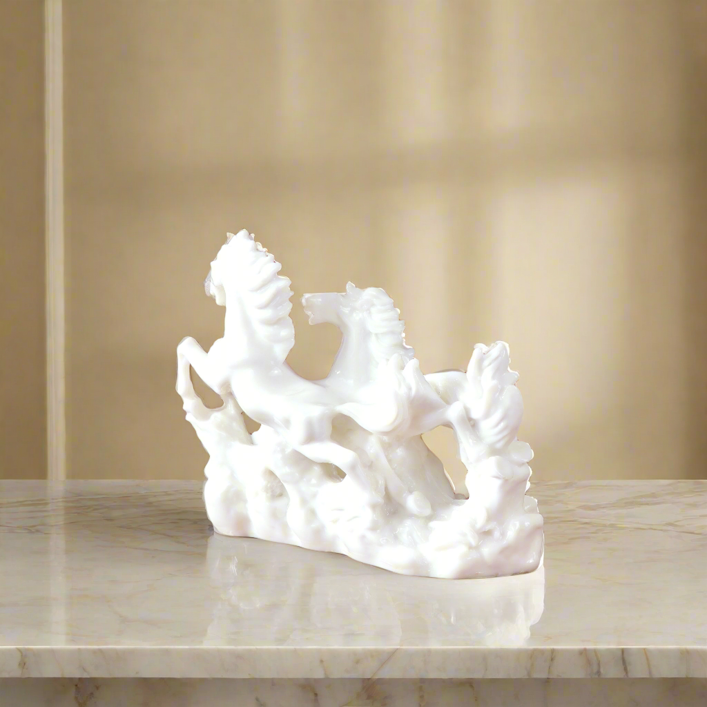 Product image of the Vastu Two White Horses from Indian Impressions, featuring two beautifully crafted white horse figurines symbolizing power, success, and positive energy. Perfect for Vastu corrections, home décor, or gifting, these horses add elegance and harmony to any space, bringing good fortune and strength.