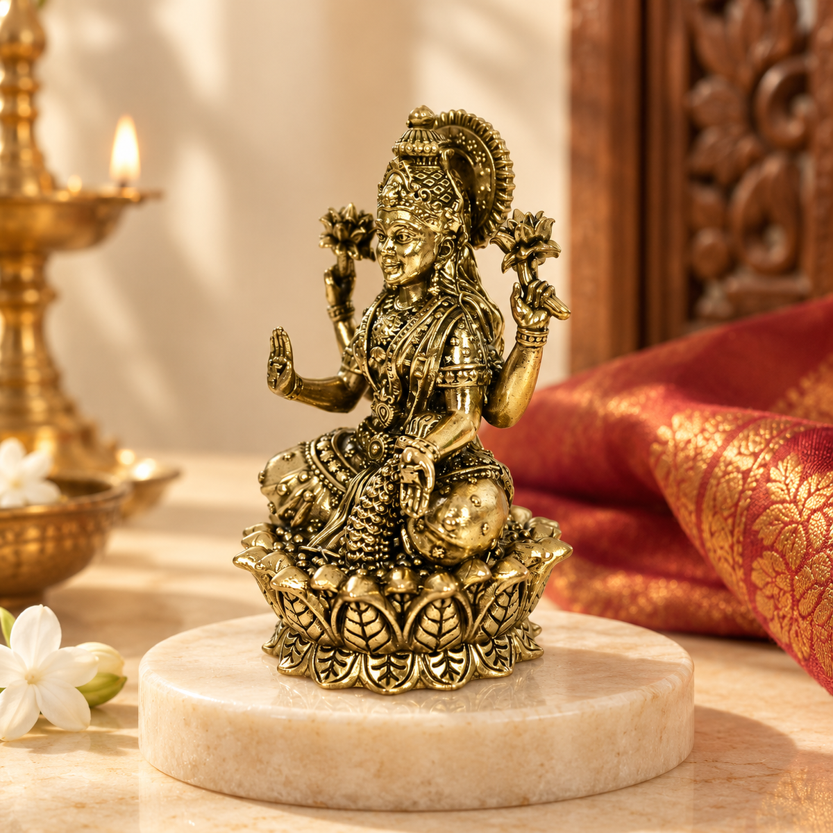 Brass Lakshmi idol from a three-quarter angle, showing crown, jewellery and lotus base detail