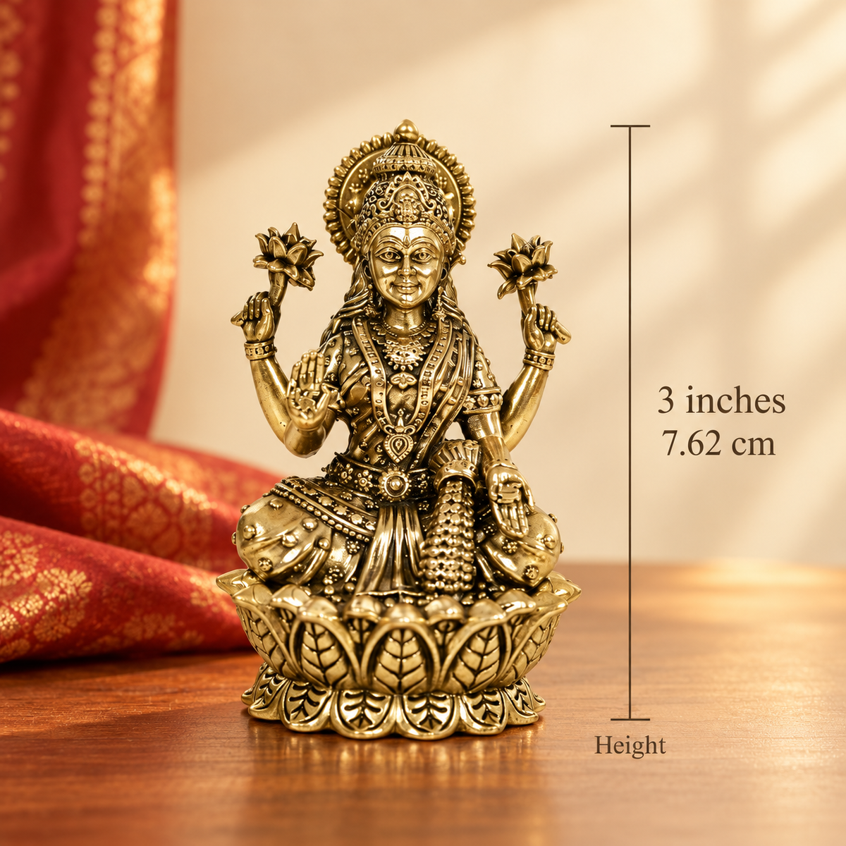 Size guide: the brass Lakshmi idol stands 3 inches (7.6 cm) tall