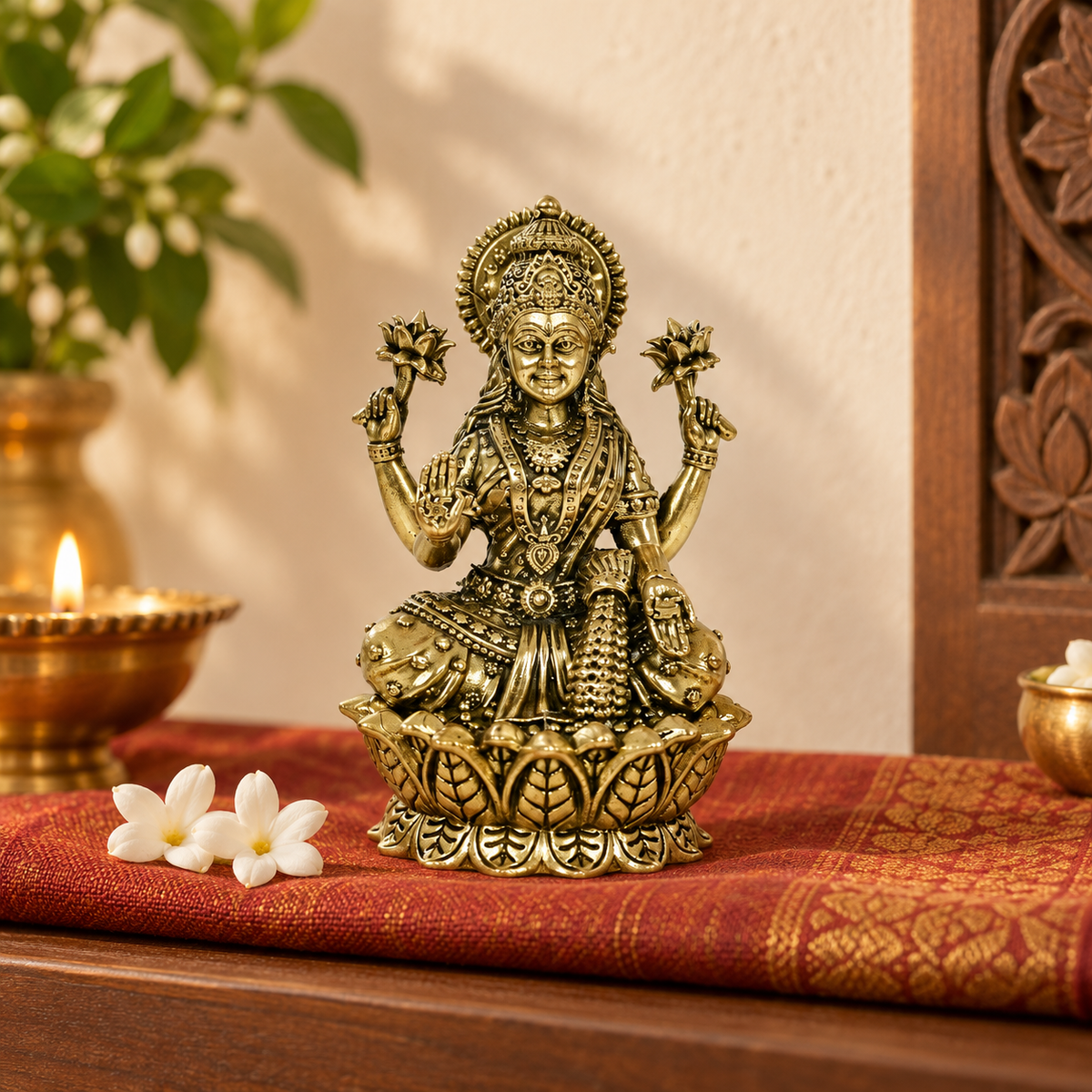 Brass Lakshmi idol styled in a home interior