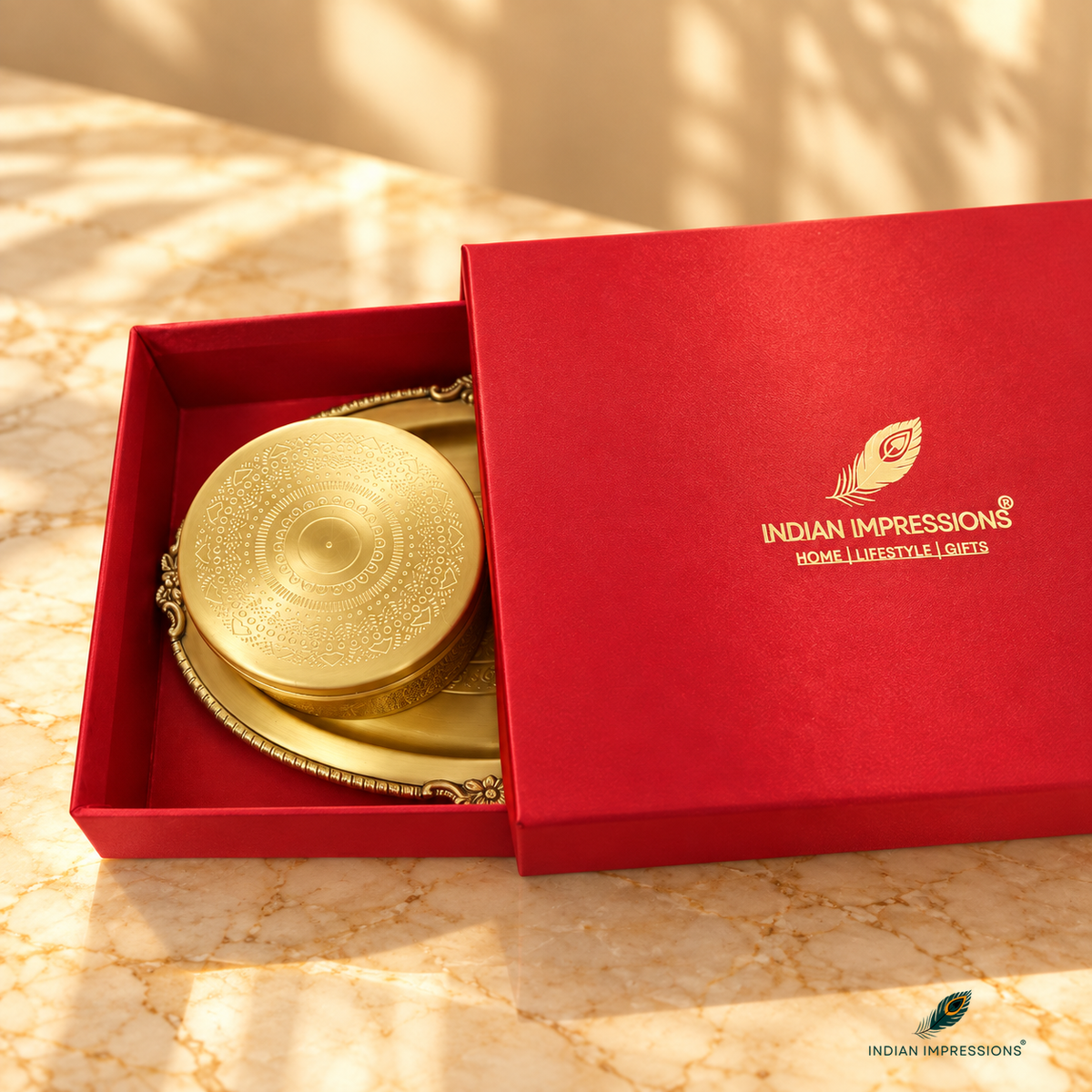 Indian Impressions red gift box with brass sweet box set