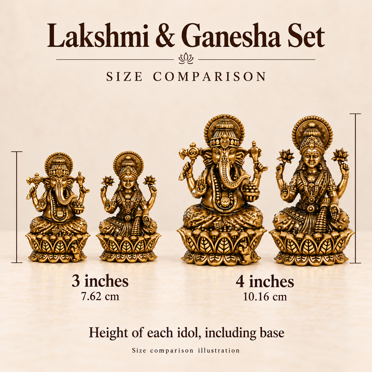 Lakshmi and Ganesha set size comparison: 3 inches (7.62 cm) and 4 inches (10.16 cm), height including base