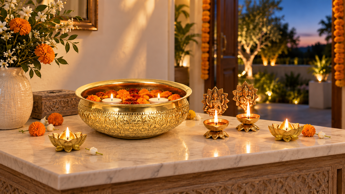 Diwali 2026 in Australia — handcrafted brass diyas and urli styled for the five days of the festival