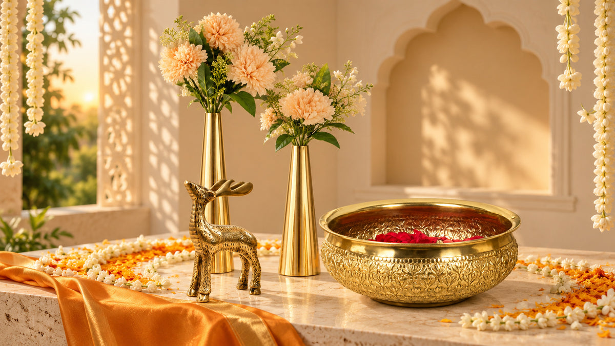 Gold chitai urli with rose petals, slim gold cone vases and a brass deer on a marble table dressed for Diwali