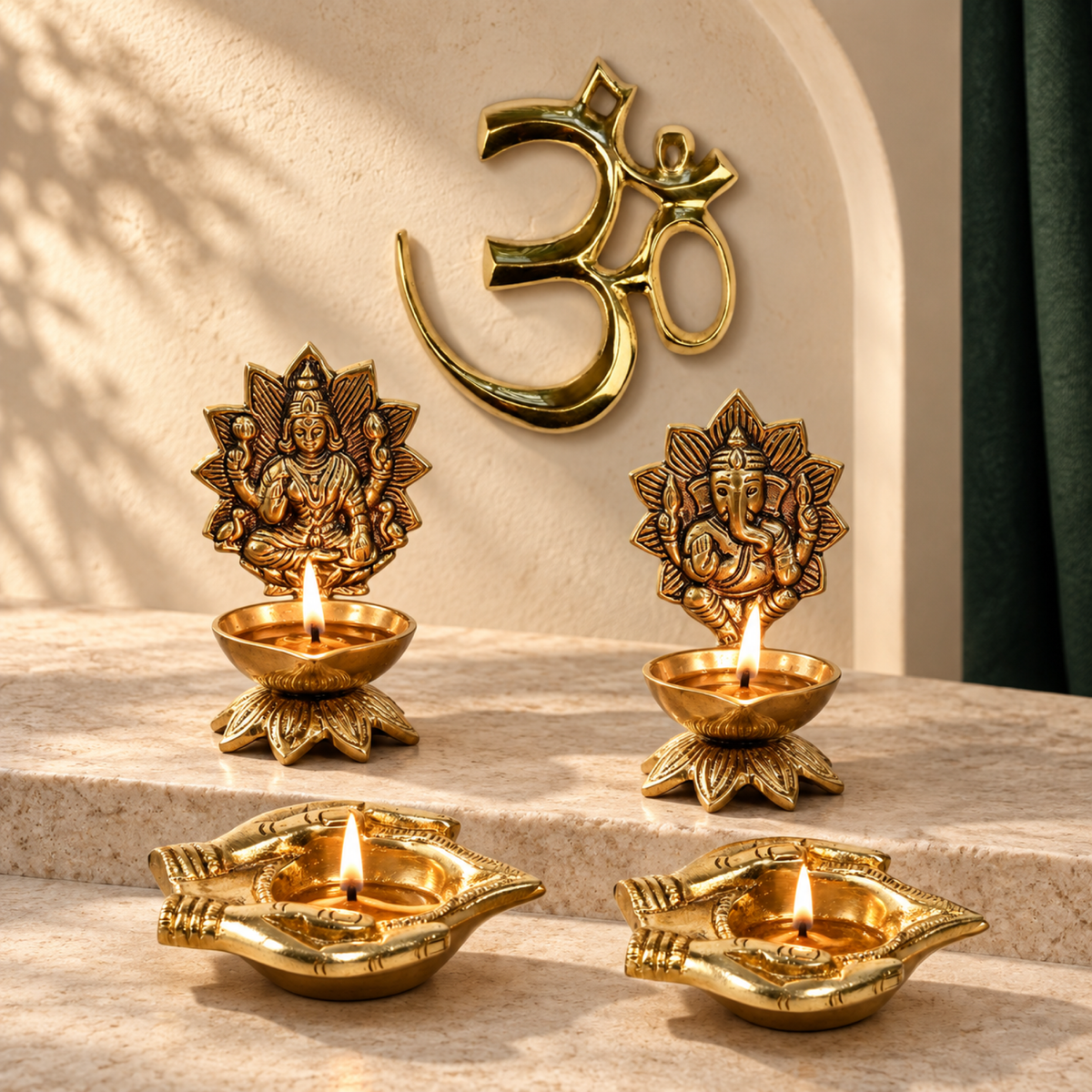 Lakshmi Ganesh Puja Set - Brass Diya Set with Om Wall Hanging