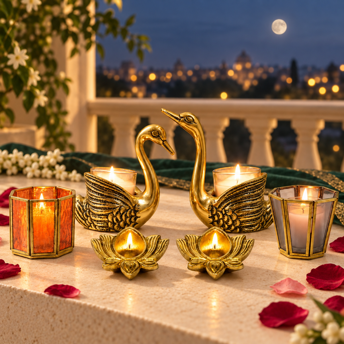 Karva Chauth Couple's Glow Set - Gold Swan Pair with Votives