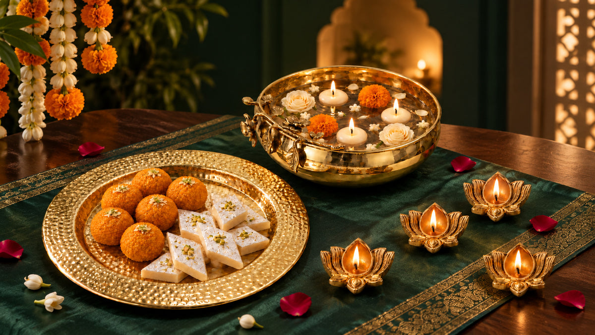Mehak brass urli with floating candles, a hammered brass platter of mithai and brass lotus diyas on a green Diwali table
