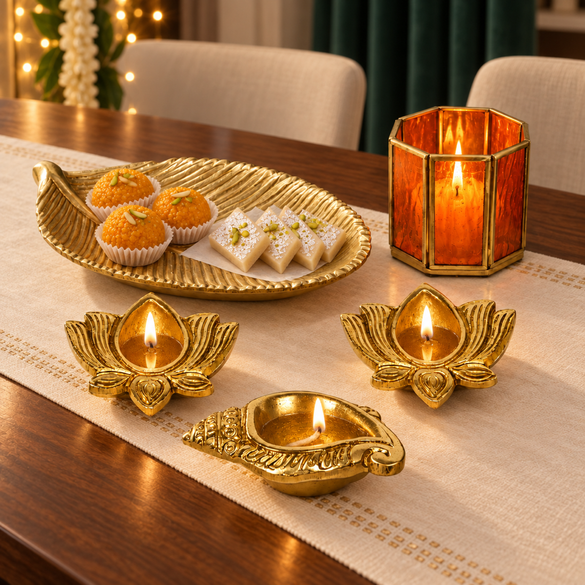 Diwali Ghar Ki Shobha - Brass Diya & Gold Platter Gift Set