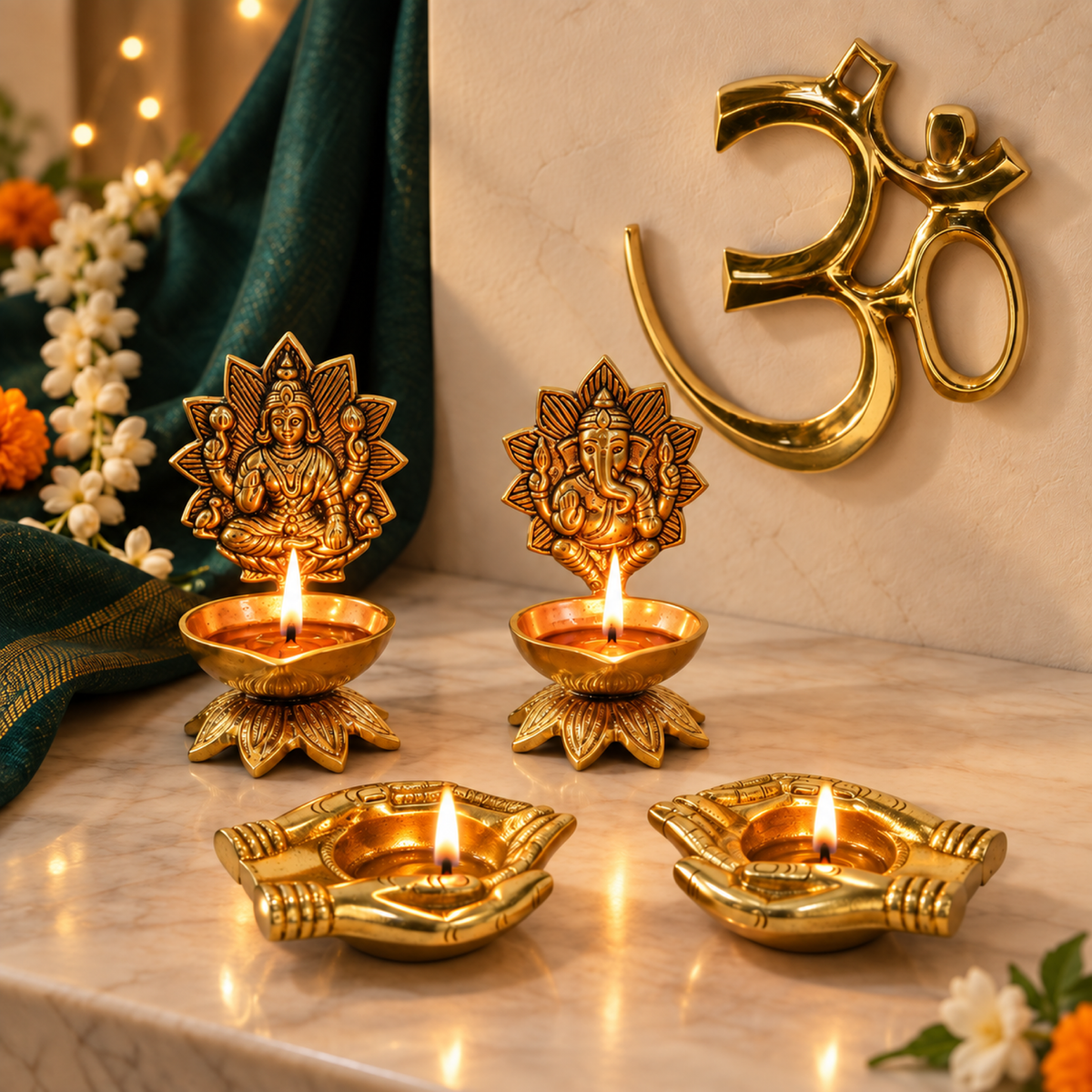 Lakshmi Ganesh Puja Set - Brass Diya Set with Om Wall Hanging
