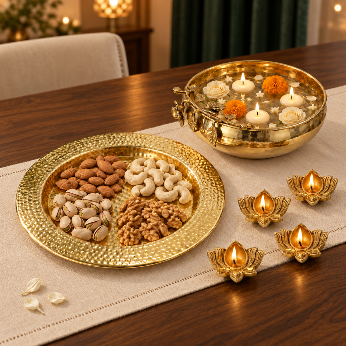 Mehak Brass Urli Signature Set - Statement Urli, Platter & Diyas