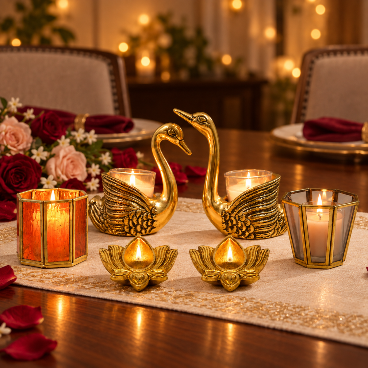 Karva Chauth Couple's Glow Set - Gold Swan Pair with Votives