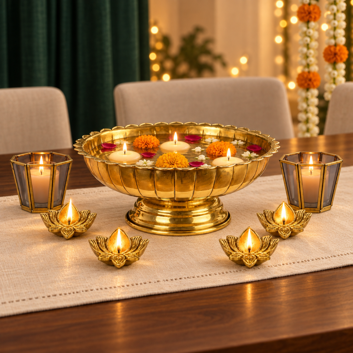 Lotus Urli Centrepiece Set - Gold Urli with Diyas & Votives