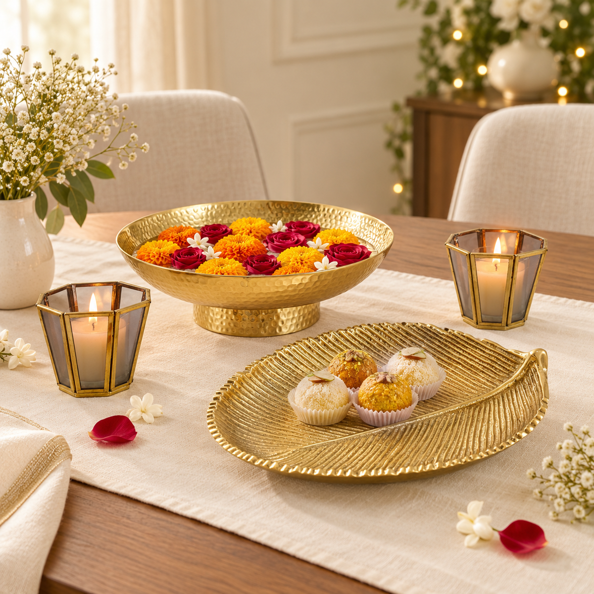 Kanchan urli festive centrepiece set styled on a dining table