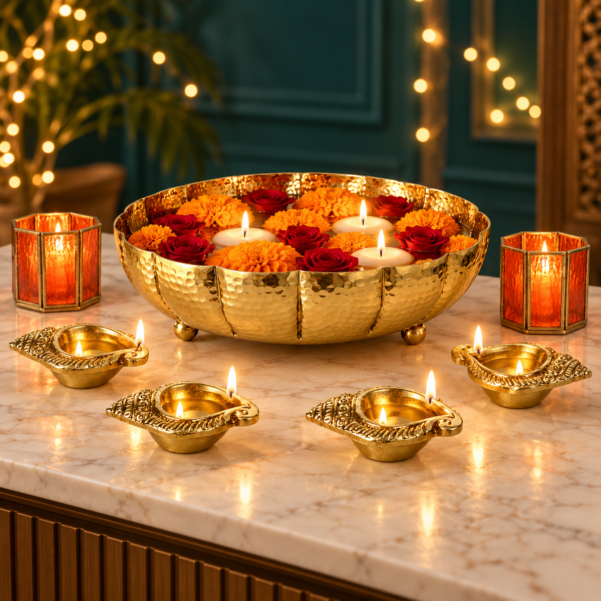 Juhi urli centrepiece set styled on a console for Diwali with marigolds, lit shankh diyas and orange glass votives