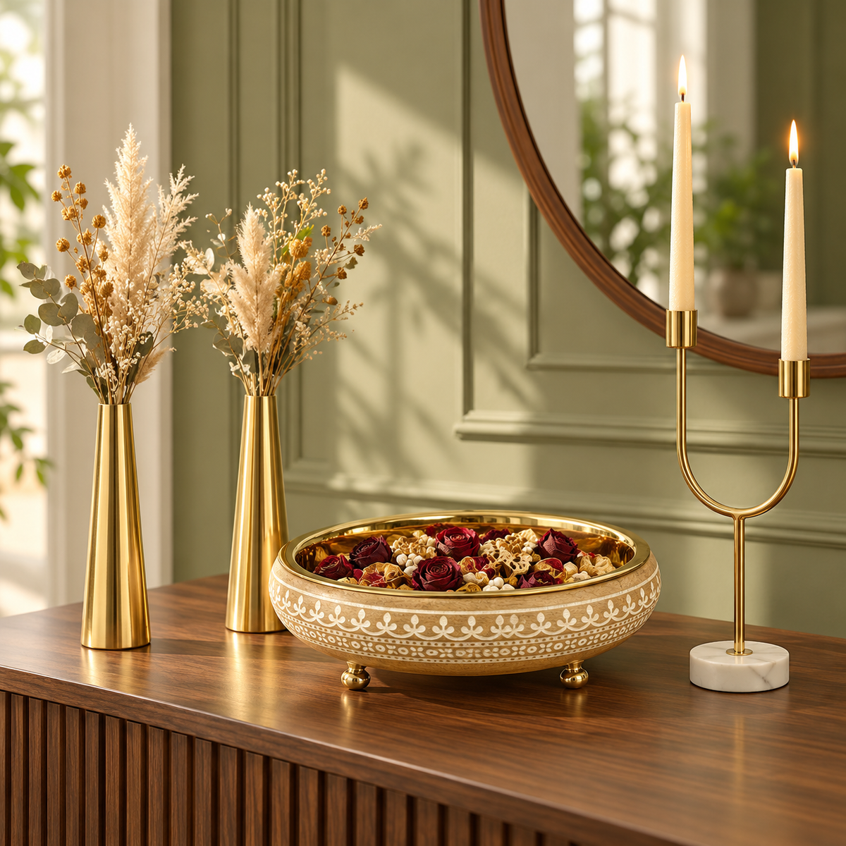 Virasat console styling set on a timber sideboard with dried stems in gold cone vases and lit taper candles