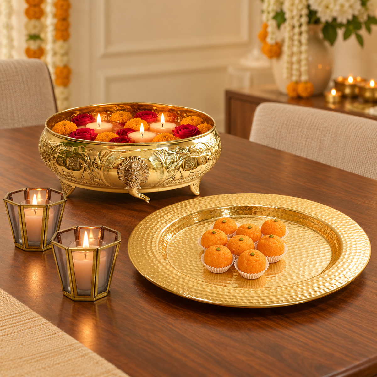 Gajgamini brass urli grand centrepiece set styled on a festive table