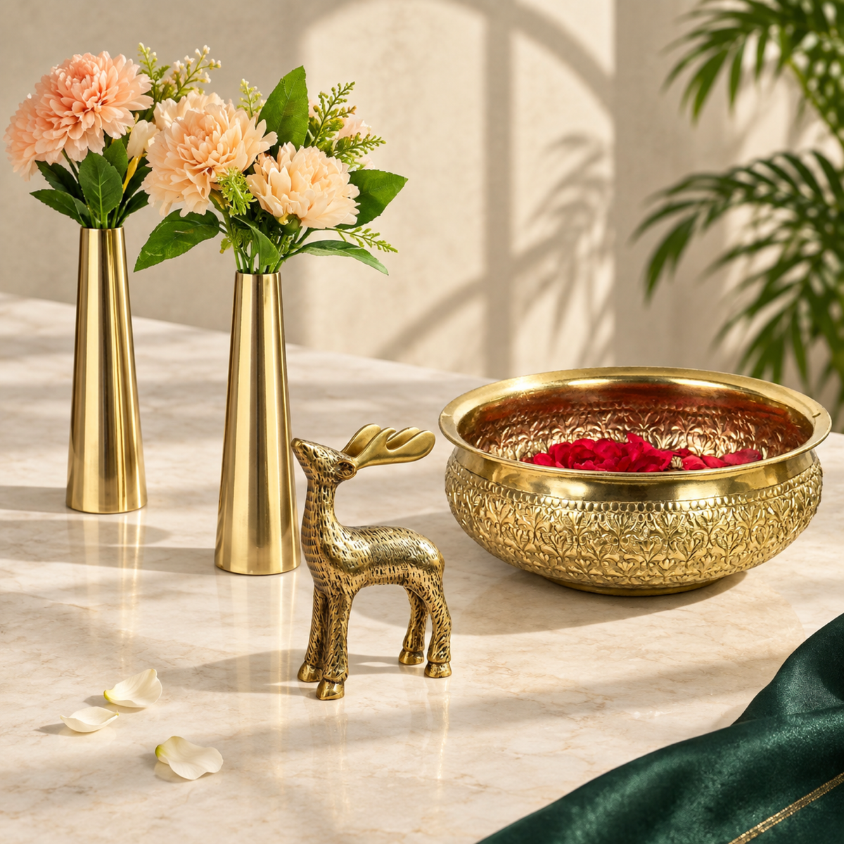 Festive Table Styling Set - Gold Urli, Cone Vases & Deer Showpiece