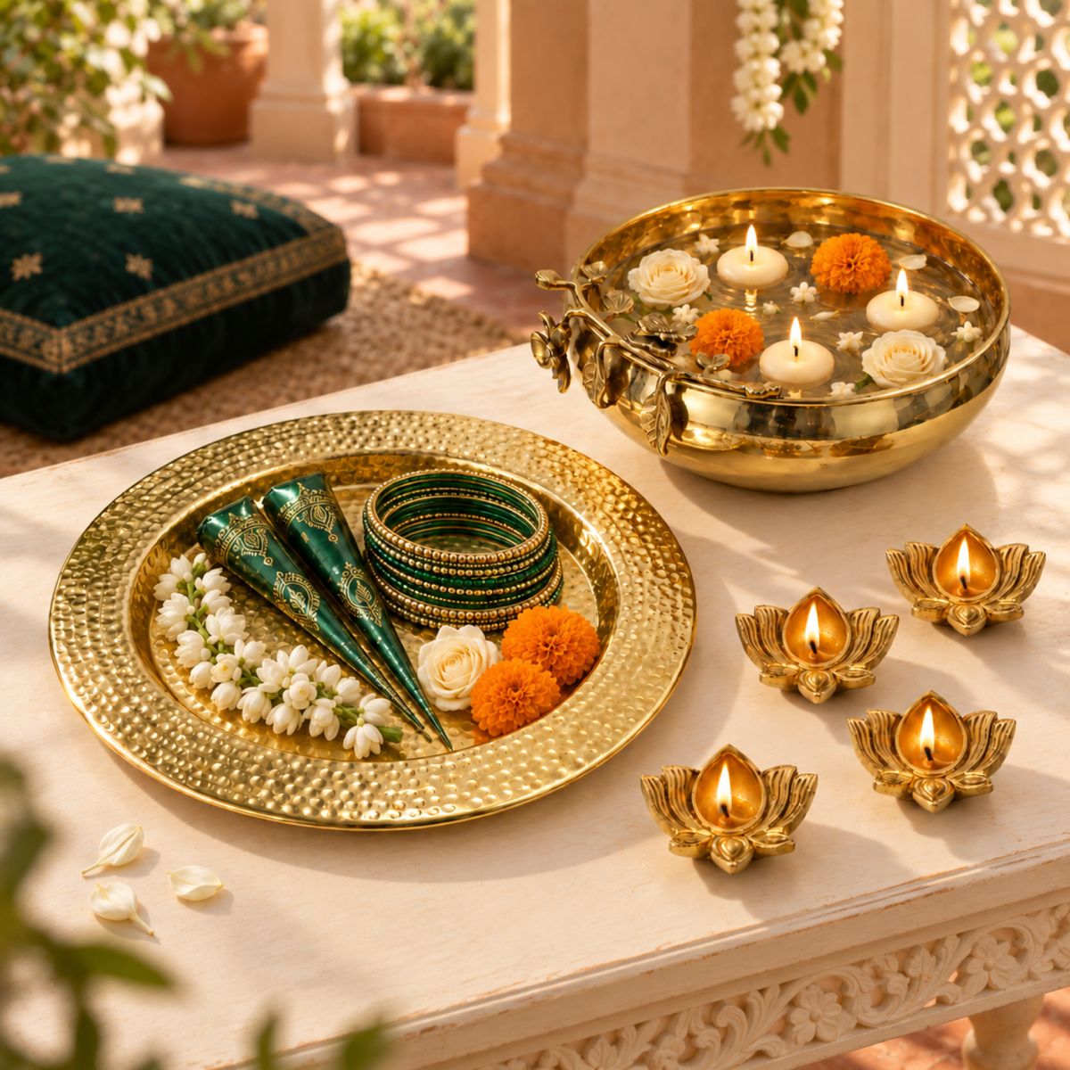 Mehak Brass Urli Signature Set - Statement Urli, Platter & Diyas