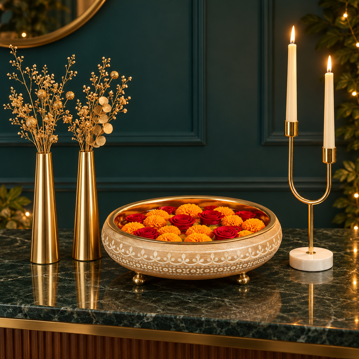 Virasat ivory and gold urli filled with marigolds, gold cone vases and arc candle holder against a dark green wall