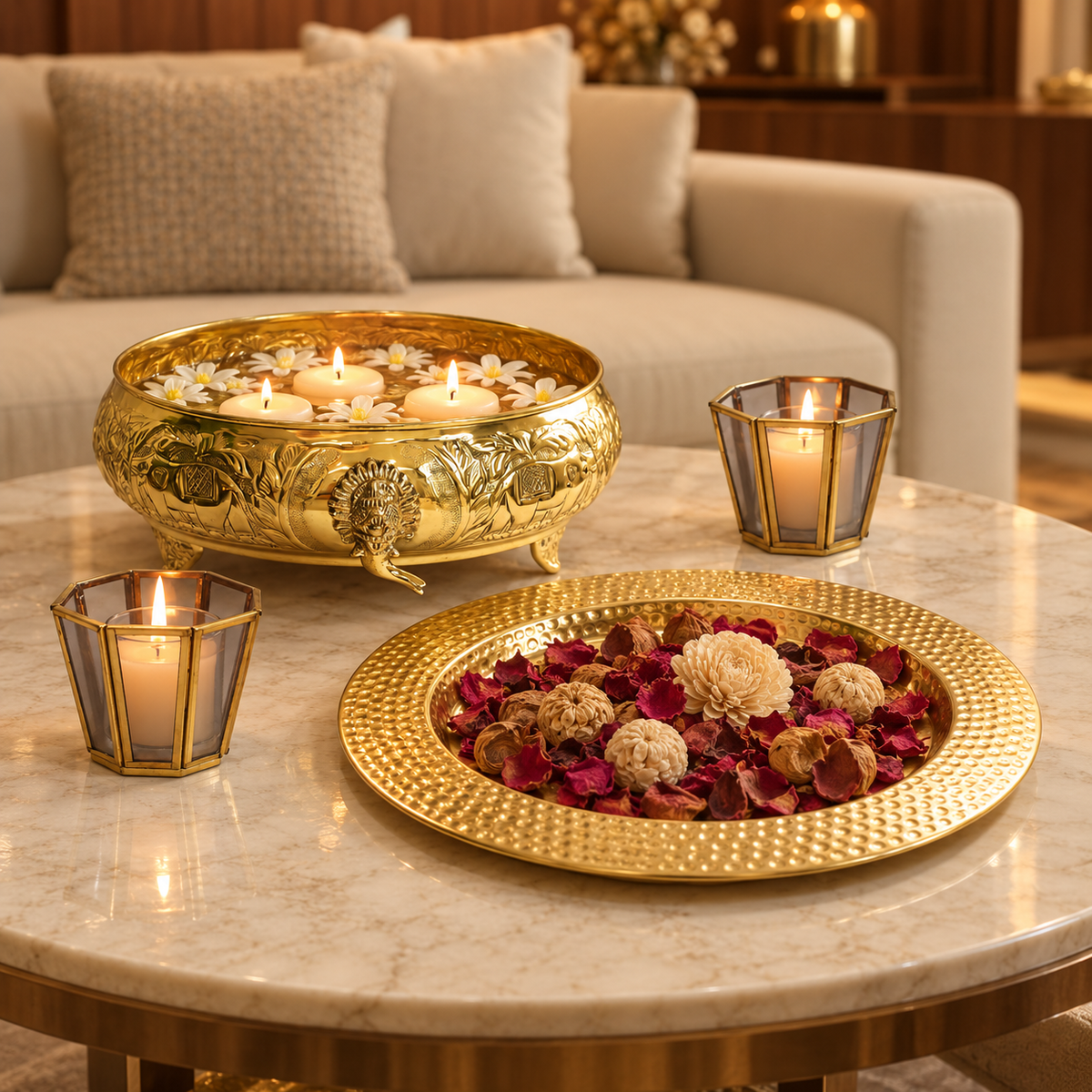 Gajgamini brass urli centrepiece set with candlelight in a home setting