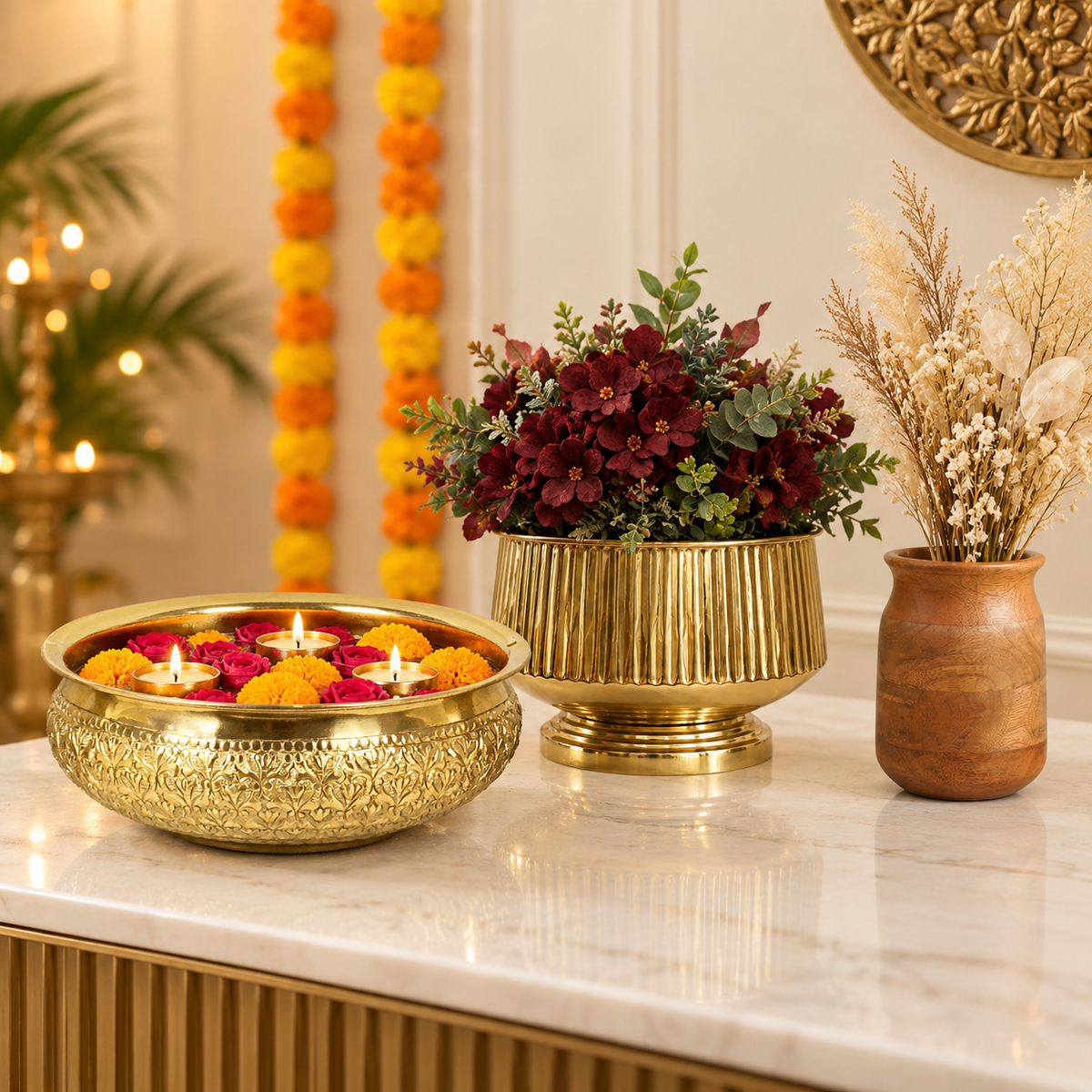 Fluted pedestal metal planter and Modini chitai urli in a home setting