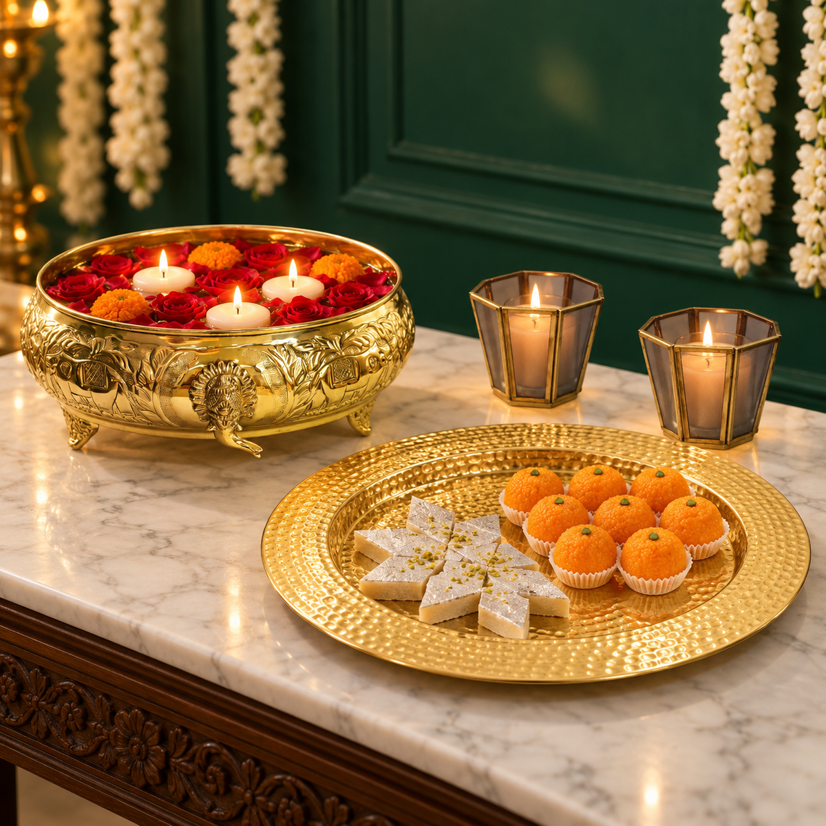 Gajgamini brass urli set styled with the gold hammered platter alongside