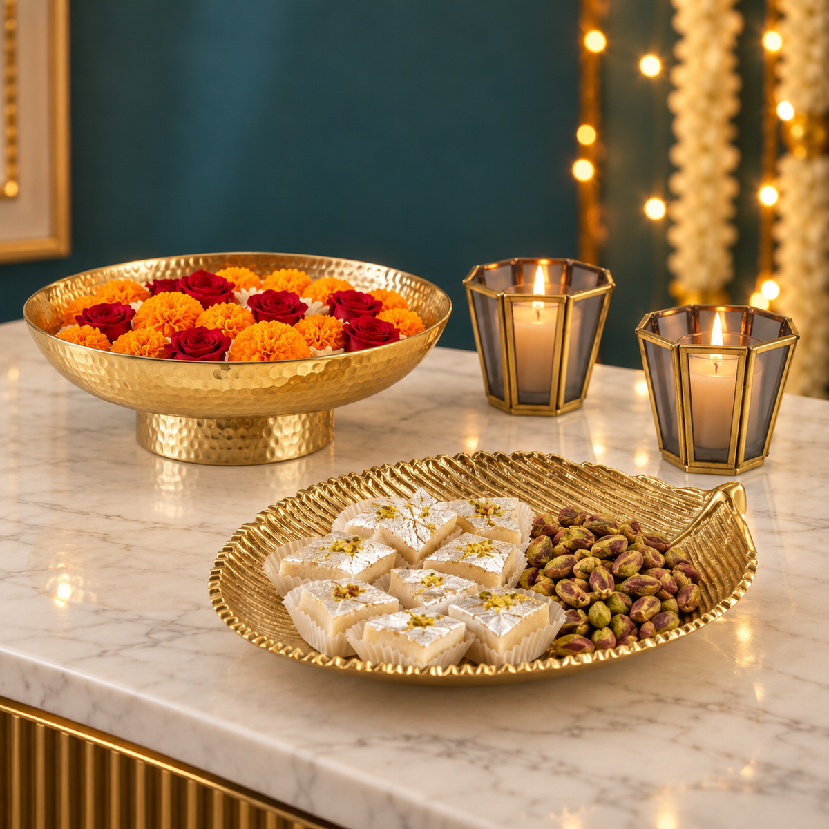 Gold leaf shaped platter and Kanchan urli styled together in a home setting