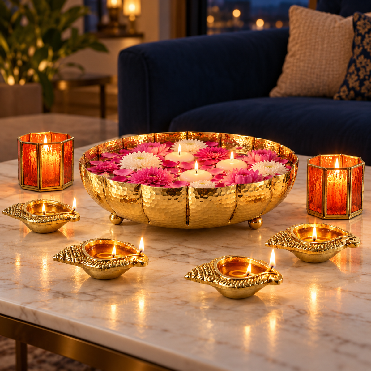 Juhi urli centrepiece set lit on a living room coffee table with four shankh diyas and two orange votives
