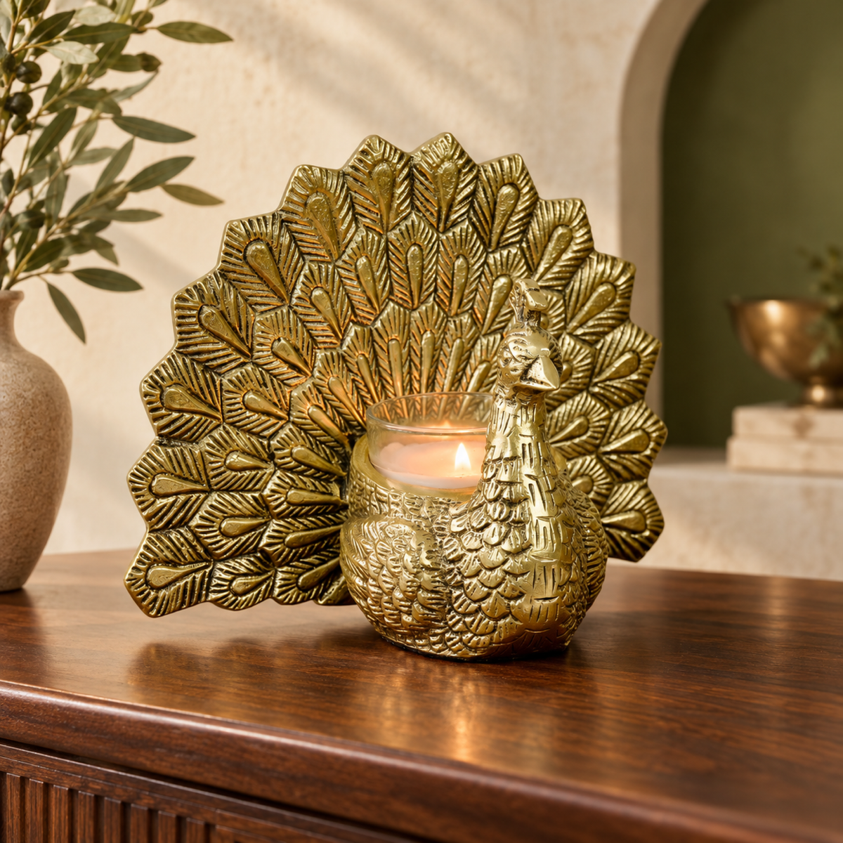 Antique Brass Finish Peacock Candle Holder