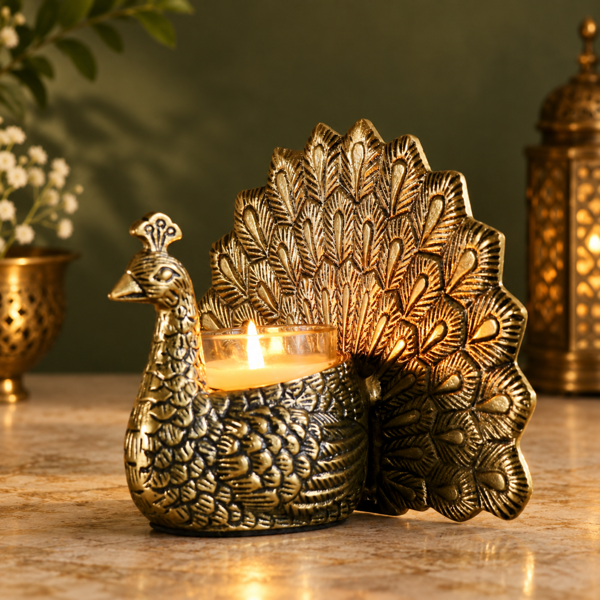 Antique Brass Finish Peacock Candle Holder
