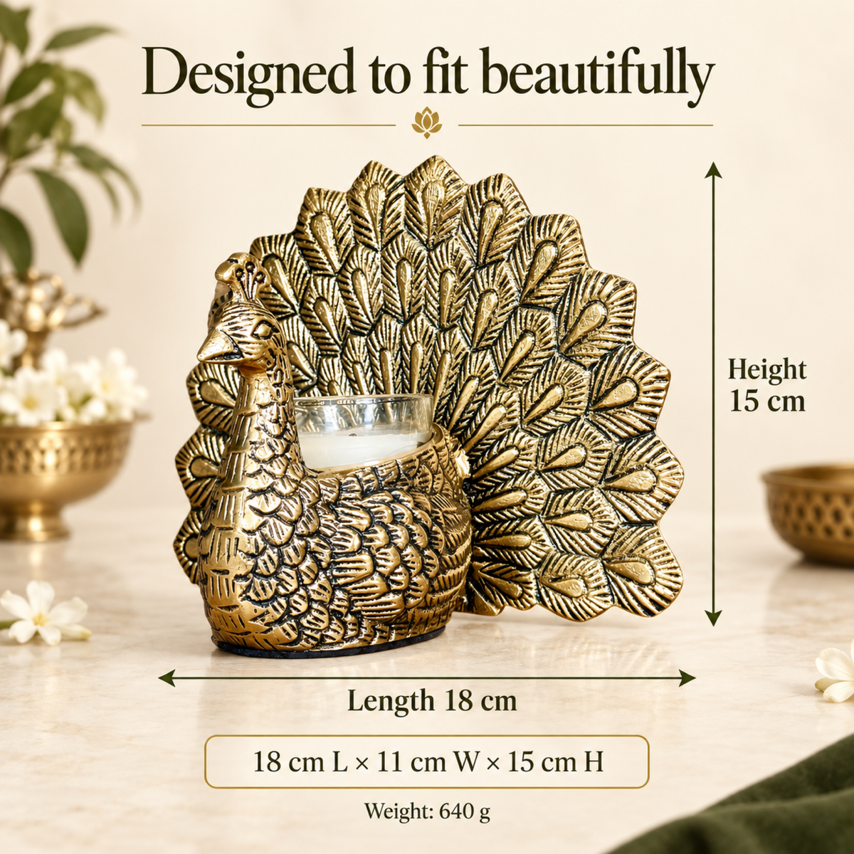 Antique Brass Finish Peacock Candle Holder