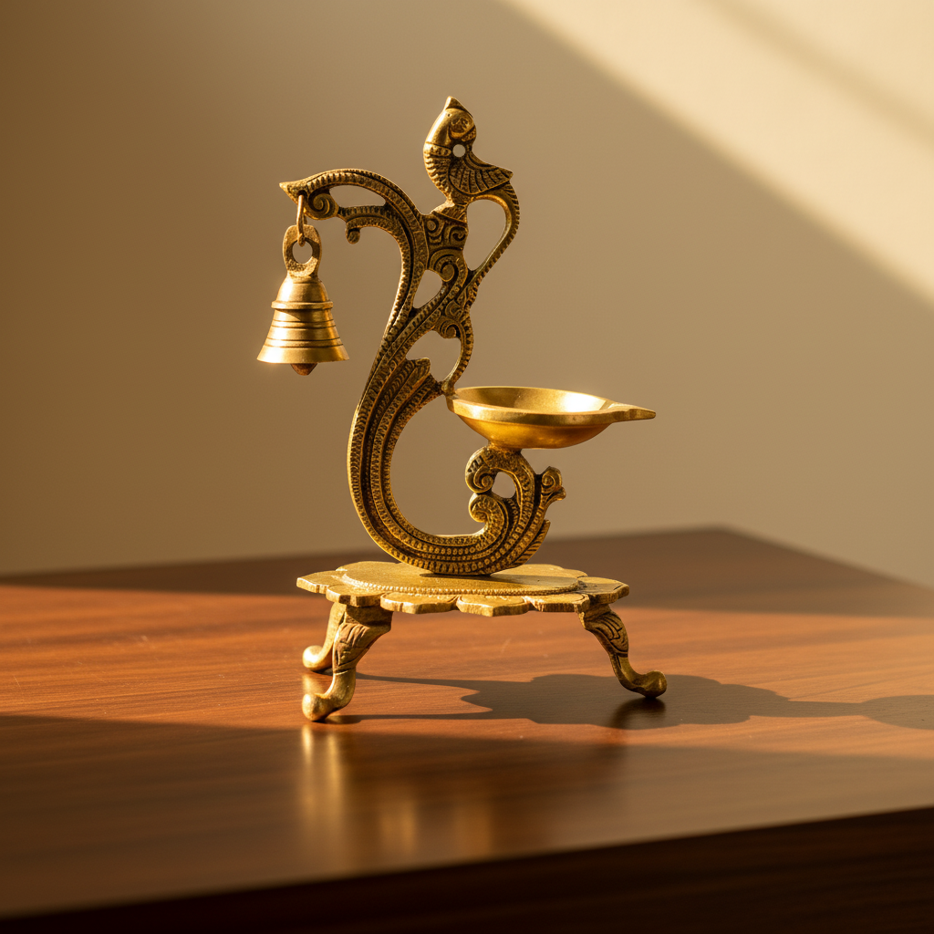 An ornate brass oil lamp holder with a hanging bell and decorative curved body, placed on a wooden table in warm sunlight against a beige wall.