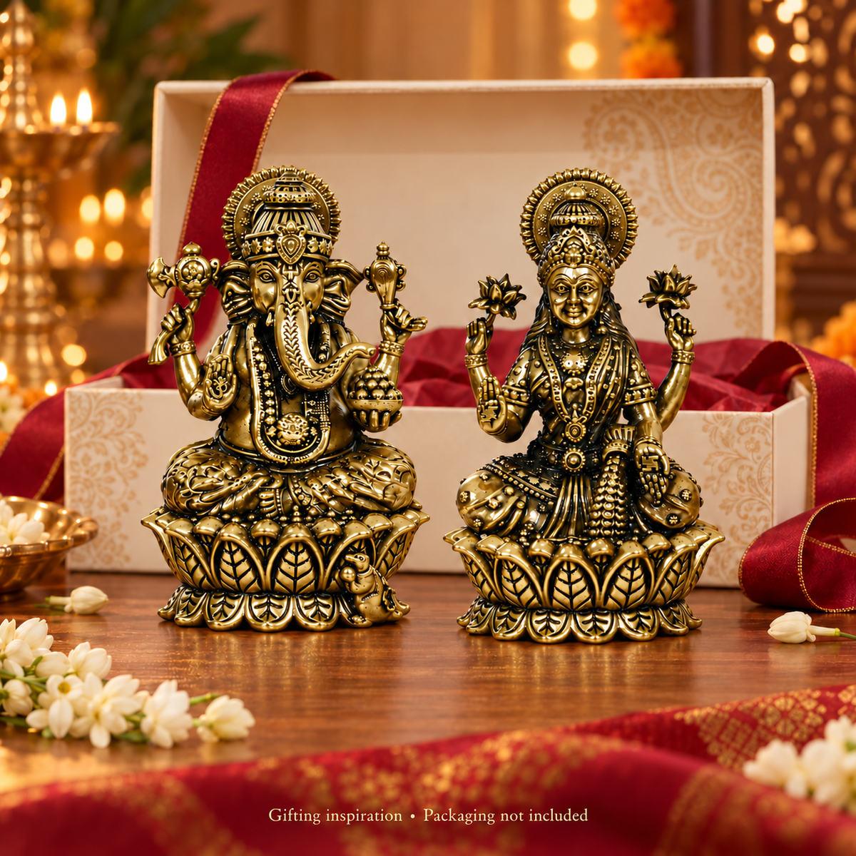 Brass Lakshmi Ganesha idol set, antique gold finish