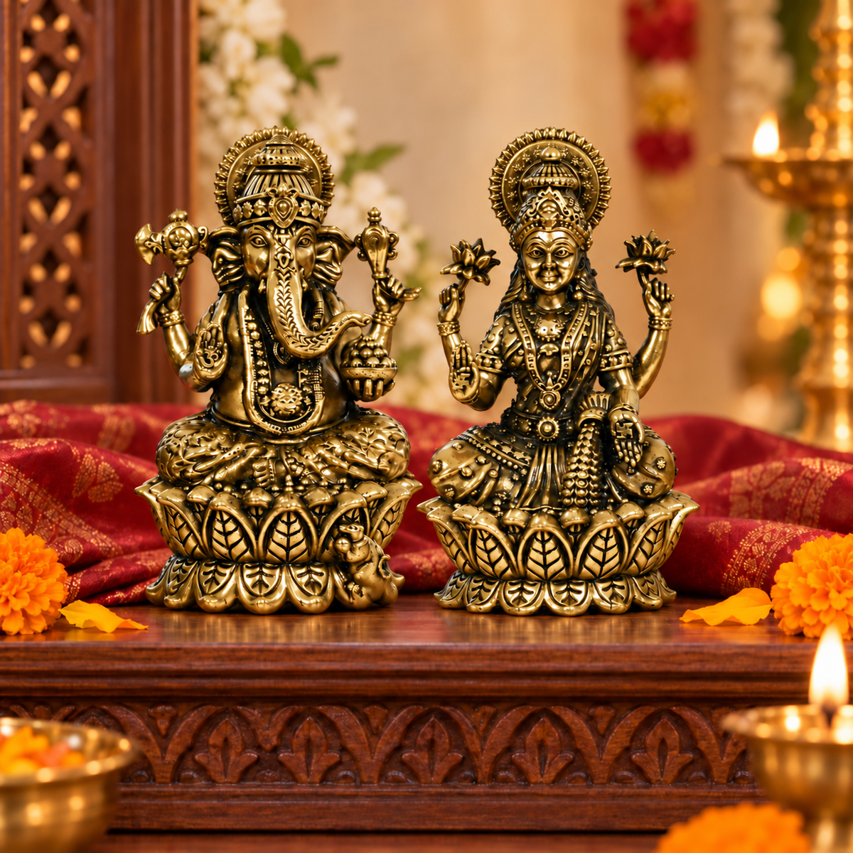 Brass Lakshmi Ganesha idol set, antique gold finish
