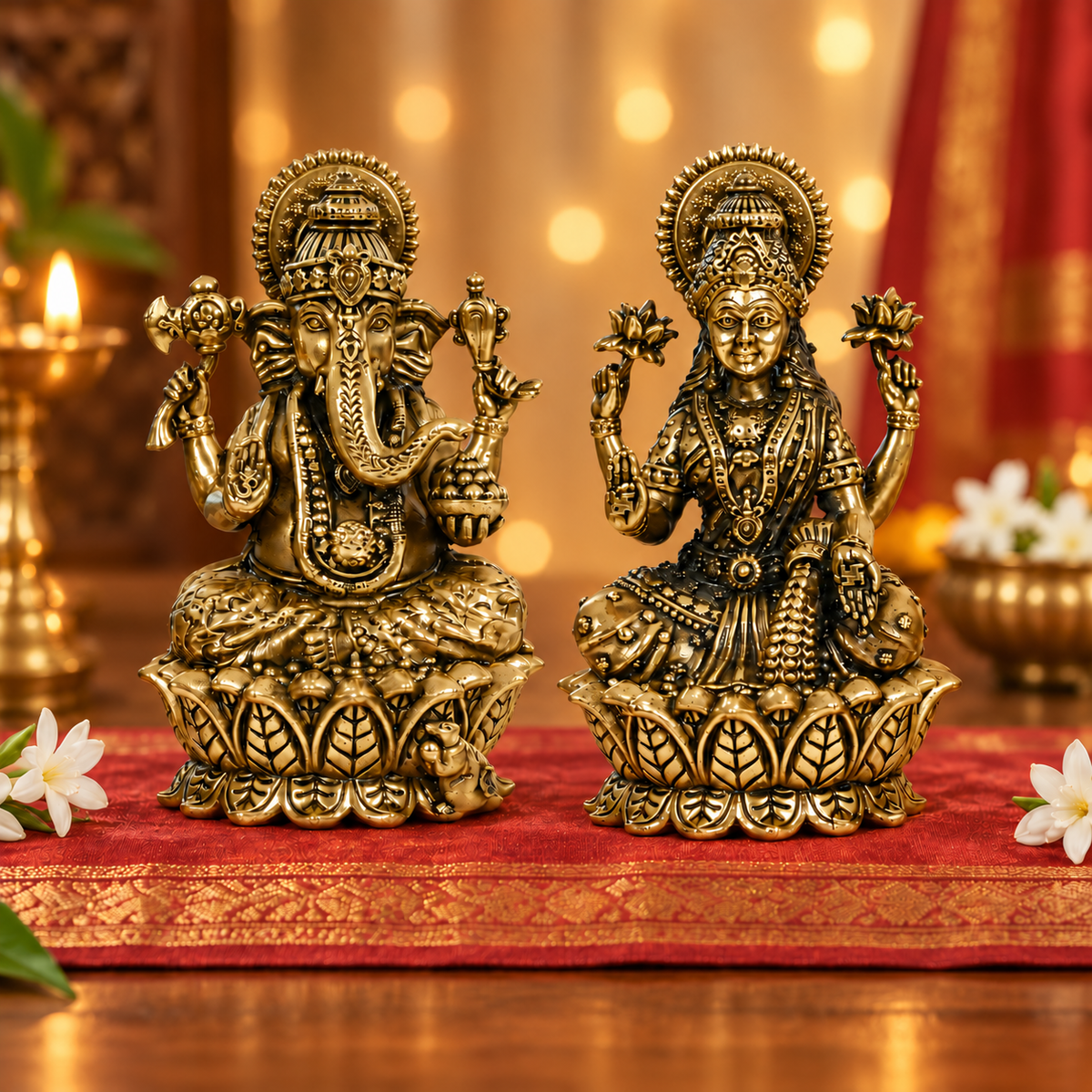 Brass Lakshmi Ganesha idol set, antique gold finish