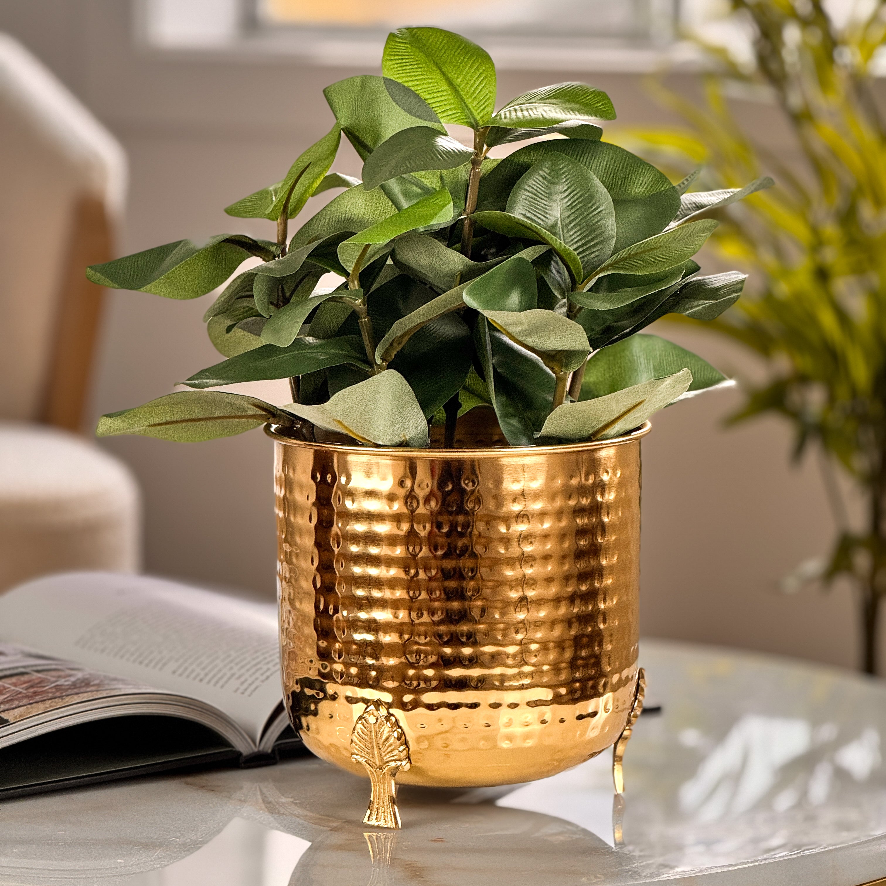 Product image of a Hammered Leaf Leg Planter in Gold from Indian Impressions, featuring a unique hammered texture and a leaf-patterned design. The planter comes with sturdy legs, crafted for elegance and stability. Ideal for enhancing Vastu energy, home décor, or gifting, this piece adds a modern yet traditional charm to any space.