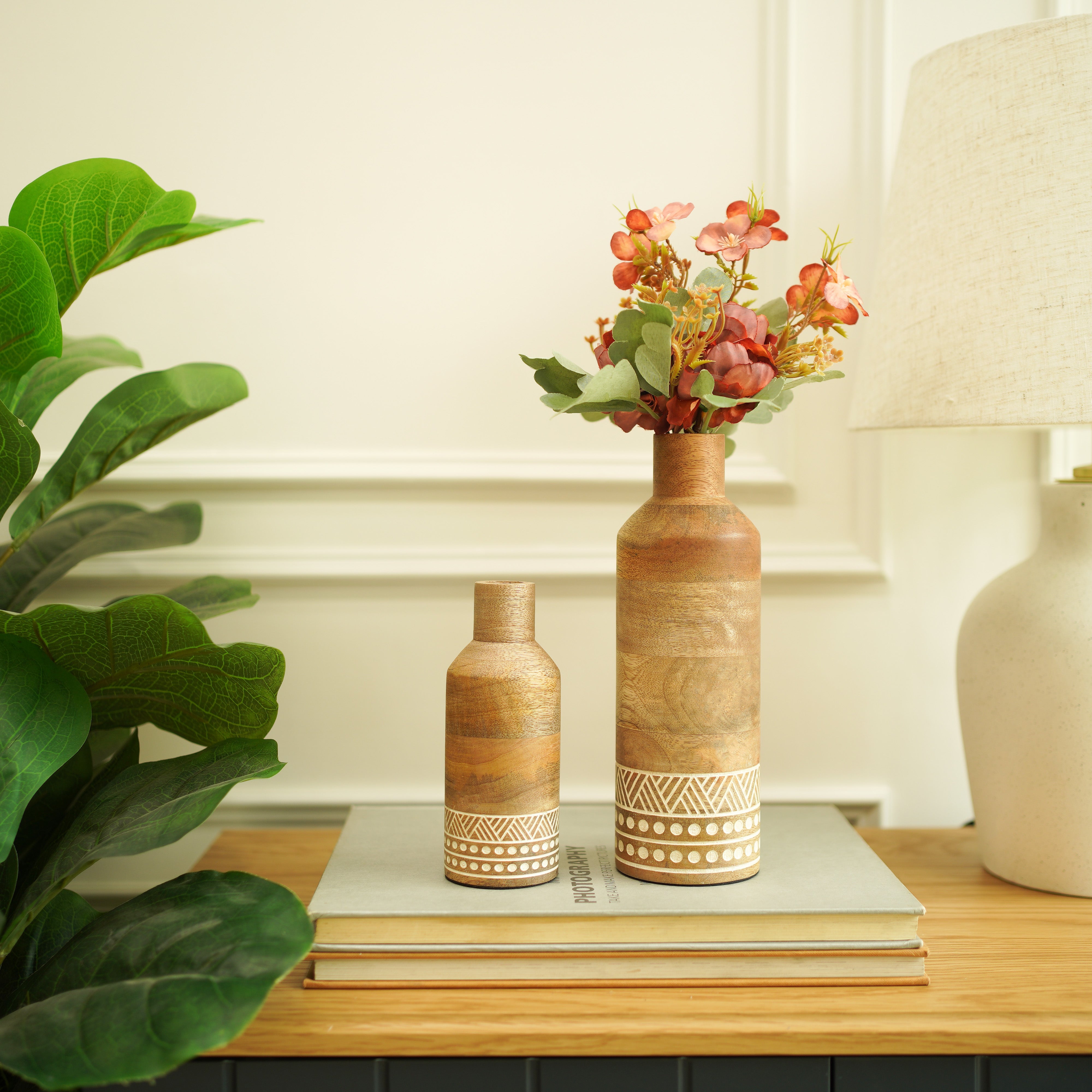 Heritage Charm Wooden Flower Vase | Set of 2