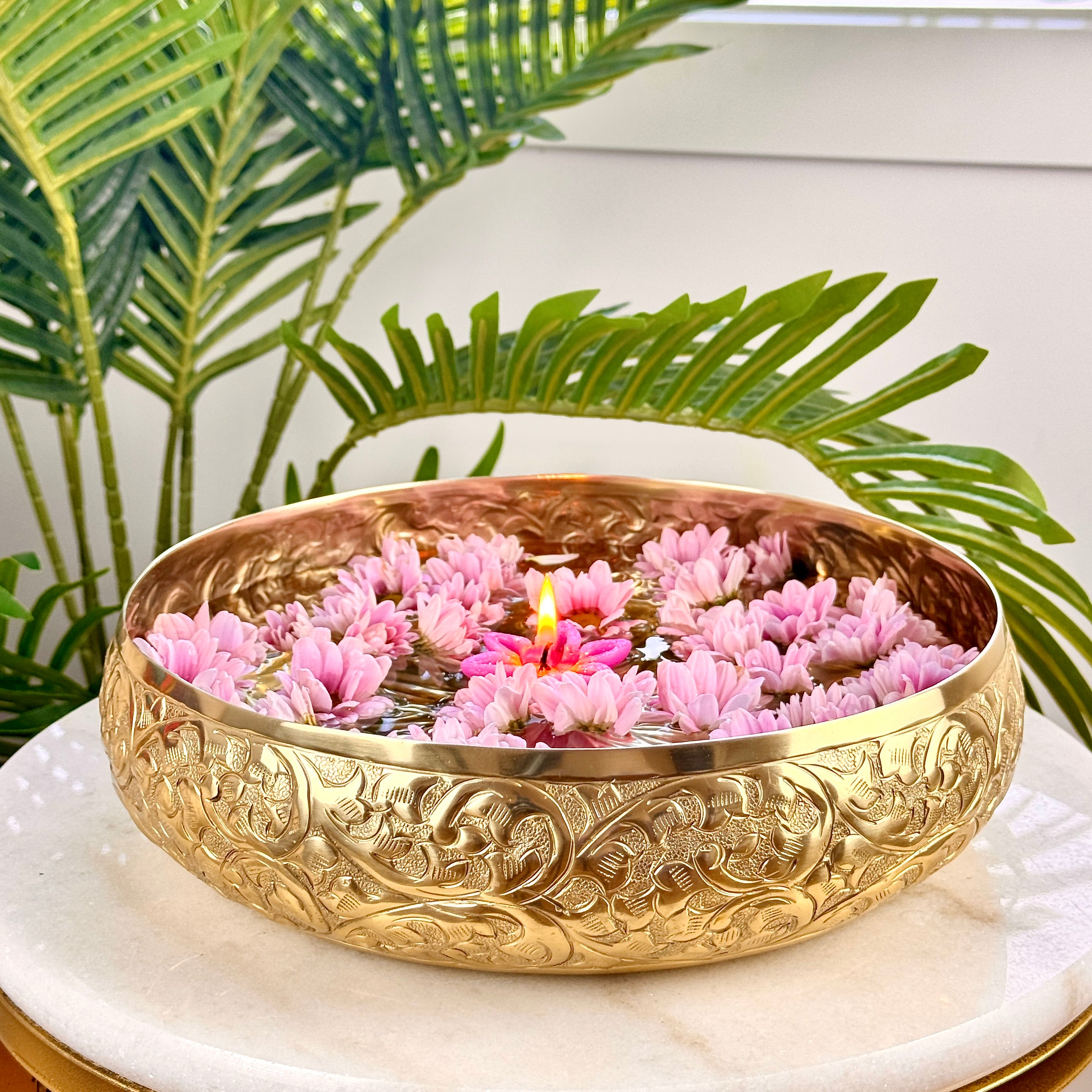 Product image of the Ketaki Chitai Urli from Indian Impressions, showcasing a beautifully handcrafted design with intricate detailing. Made from polished brass, this urli is perfect for Vastu, home décor, festive decorations, or gifting, adding an aura of elegance and traditional charm to any space.